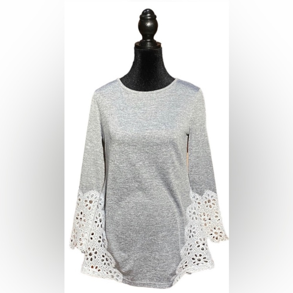 Dressfo: Gray with White Lace Shirt Dress